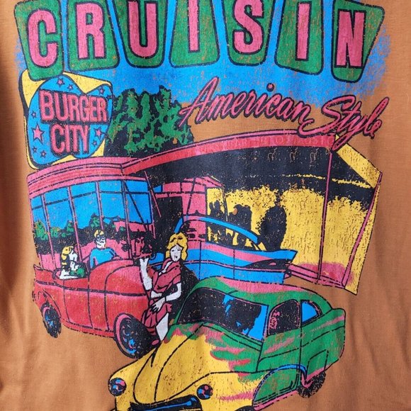 EUC Shein Cruisin American Style Burger City Graphic Orange Tee T-Shirt Size L - Picture 11 of 12